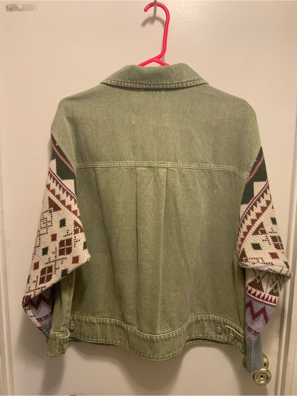 Pilcro Avocado Green Denim Jacket with Patterned Knit Sleeves - Picture 3 of 4